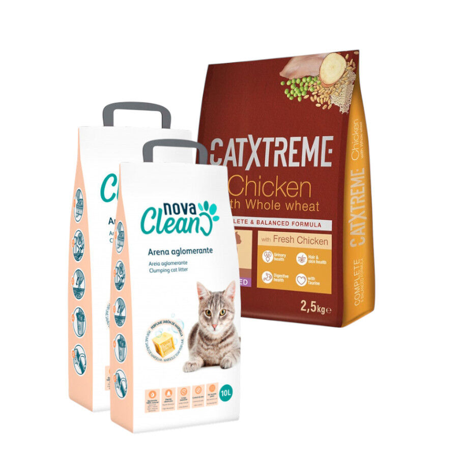 Pack 2.5 kg Pienso Catxtreme Pavo y Pollo + 20L Arena Aglomerante Nova Clean para gatos