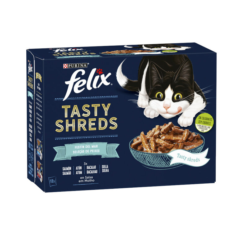 12 sobres x 80 g Felix Tasty Shreds Festín del Mar Filetes en Salsa sobre para gatos,  Imagen numero 1 12 sobres x 80 g Felix Tasty Shreds Festín del Mar Filetes en Salsa sobre para gatos, , large Imagen numero 1