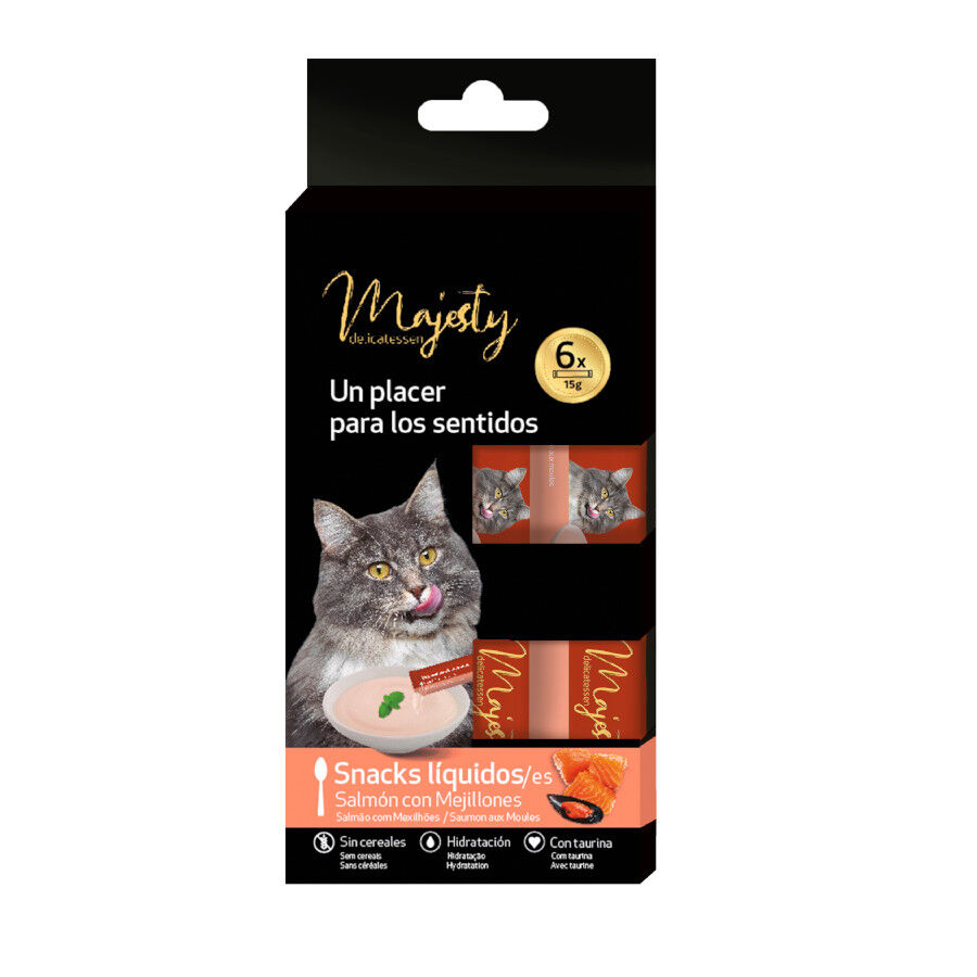 6 sobres x 15 g Majesty Salm&oacute;n con mejillones snack l&iacute;quido para gatos, , large Imagen numero 1