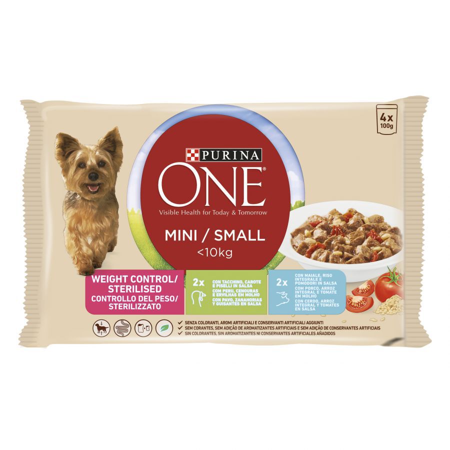 4 sobres x 100 g Purina One Adult Mini Weight Control Sterilised Pavo y Cerdo sobre para perros , , large Imagen numero 1