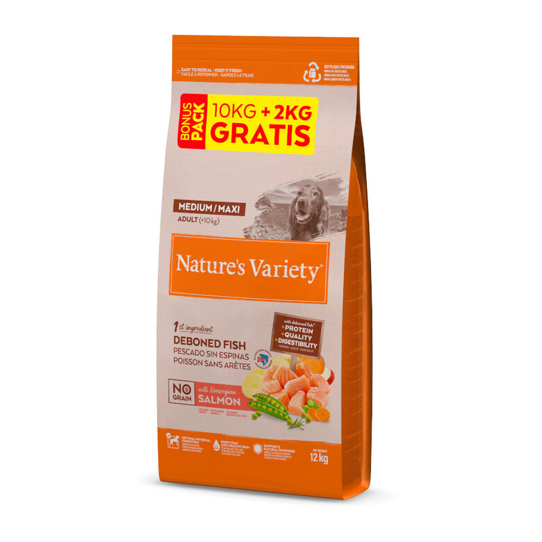 12 kg (10 + 2 kg ¡gratis!) Nature's Variety No Grain Adult Medium Maxi Salmón pienso para perros,  Imagen numero 1 12 kg (10 + 2 kg ¡gratis!) Nature's Variety No Grain Adult Medium Maxi Salmón pienso para perros, , large Imagen numero 1