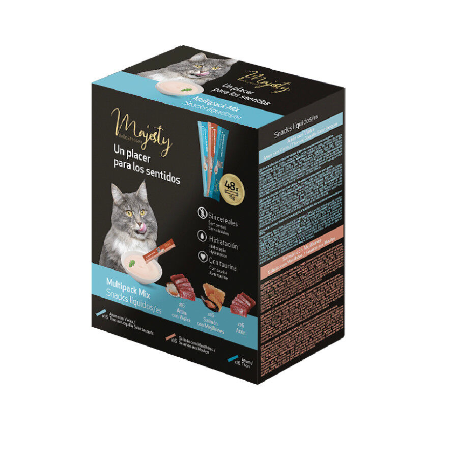 48 sobres x 15 g Majesty Mix Pescado snack l&iacute;quido para gatos, , large Imagen numero 1