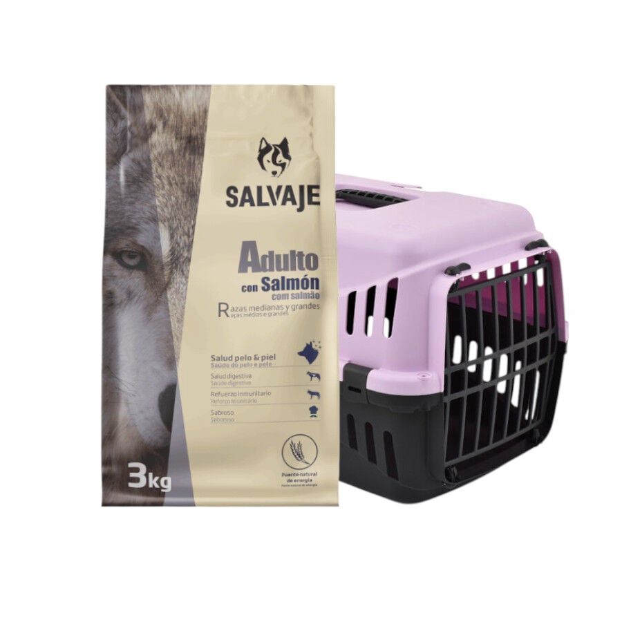 Pack Transportín Morado TK-Pet + 3 kg Pienso Salvaje Adult Salmón para perros