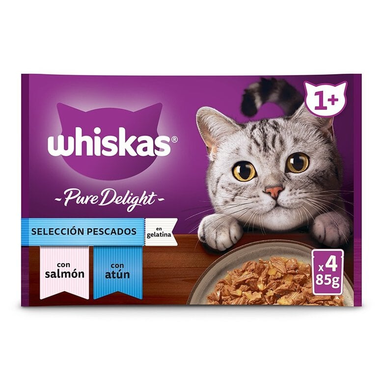 4 sobres x 85 g Whiskas Pure Delight Selección Pescados Gelatina en Bolsita para gatos,  Imagen numero 1 4 sobres x 85 g Whiskas Pure Delight Selección Pescados Gelatina en Bolsita para gatos, , large Imagen numero 1