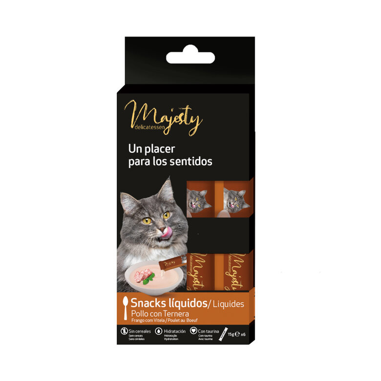6 sobres x 15 g Majesty Pollo con Ternera snack líquido para gatos,  Imagen numero 2 6 sobres x 15 g Majesty Pollo con Ternera snack líquido para gatos, , large Imagen numero 2