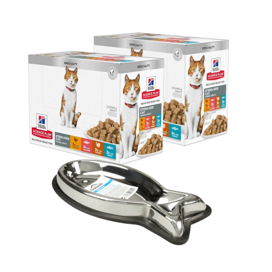 Pack Comedero Outech 150 ml + 24 x 85g sobres Hill's Science Plan Sterilised carne y pescado para gatos