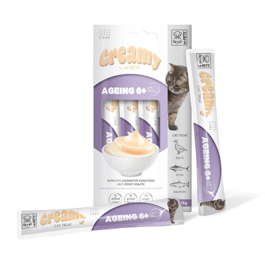 4 sobres x 15 g M-Pets Creamy Ageing 6+ Pato y At&uacute;n snack para gatos s&eacute;nior, , large Imagen numero 1