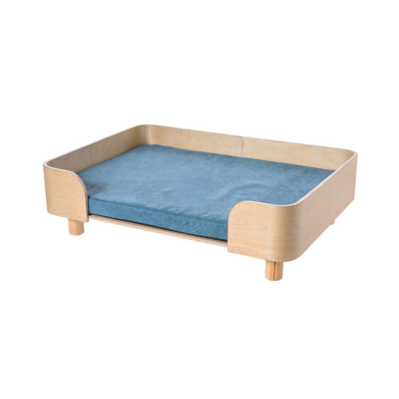 Leeby sofá de madera con colchón azul para perros thumbnail