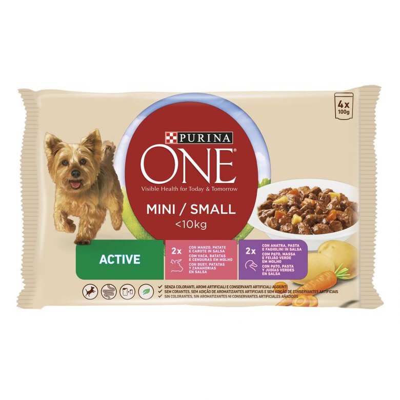 4 sobres x 100 g Purina One Mini Active Buey y Pato sobre en salsa para perros ,  Imagen numero 1 4 sobres x 100 g Purina One Mini Active Buey y Pato sobre en salsa para perros , , large Imagen numero 1