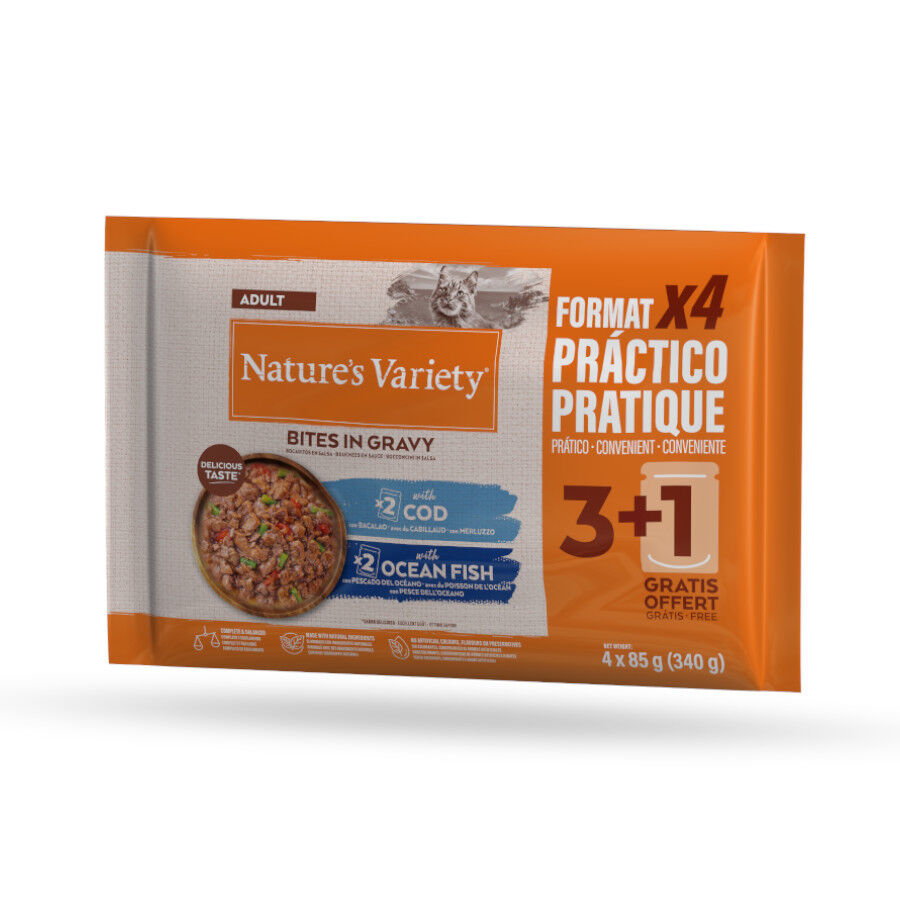 Nature's Variety Bocaditos de Bacalao o Pez Oceánico Sobre en Salsa para gatos adultos