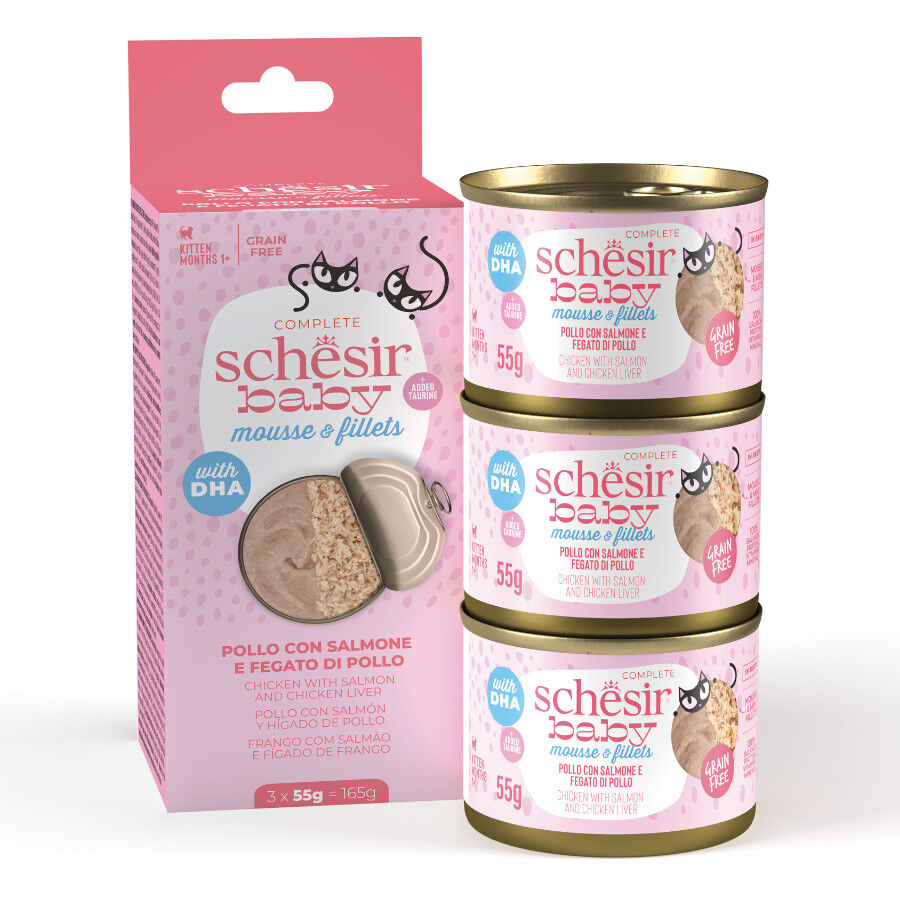 3 uds. x 55 g Schesir Lata Pollo y Salm&oacute;n en Mousse y Filete para gatitos, , large Imagen numero 1