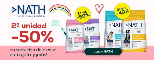 Nath: -50% en la 2ª unidad en selección de pienso para gato 4kg. y -40% en la 2ª unidad en pienso para perro 12 kg