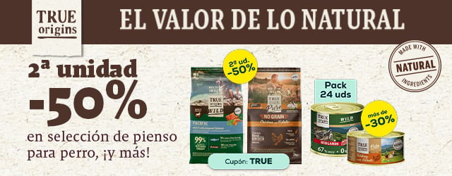 True Origins: -50% en la 2ª unidad en selección de pienso, y más de  -30% en selección de packs de húmedo para perro