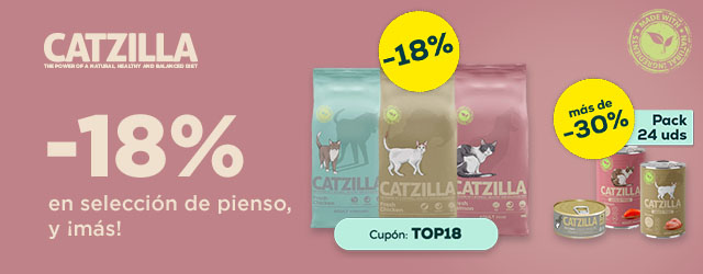 Catzilla: 18% en selección de pienso, más de -30% en selección de packs de comida húmeda