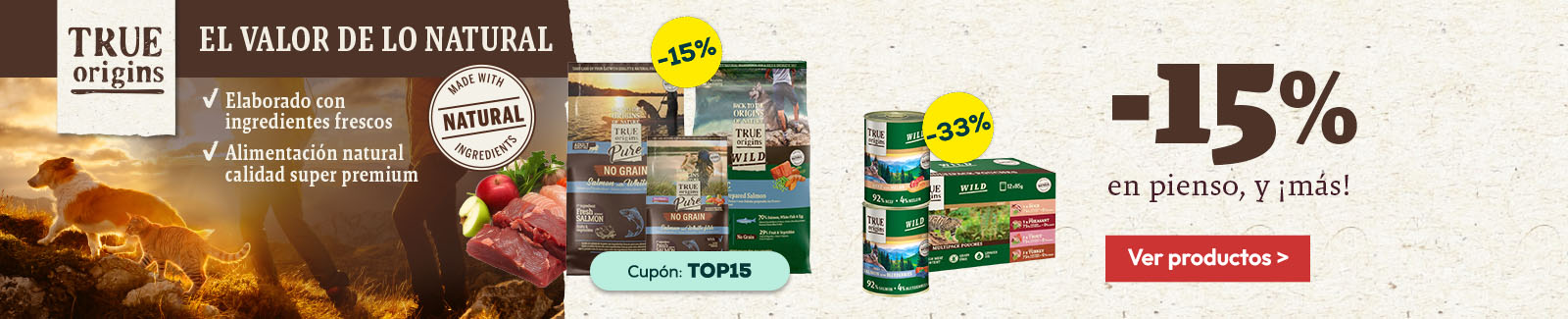 True Origins: -15% en selección de pienso, y más de -30% en selección de packs de húmedo