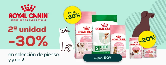 Royal Canin: -30% en la 2ª unidad en selección de pienso, y -20% en selección de packs de húmedo para gato 24 uds
