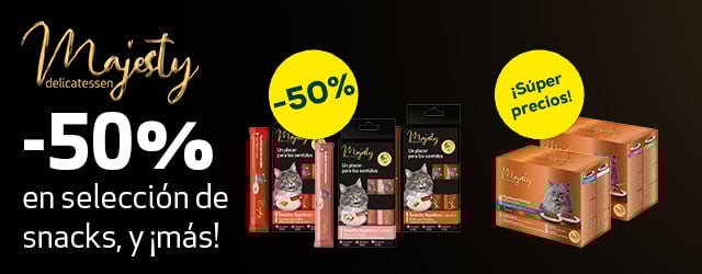 Majesty: -50% en selección de snacks, y Súper precio en multipacks de húmedo de sobres de gelatinas de pestcado y carne para gato