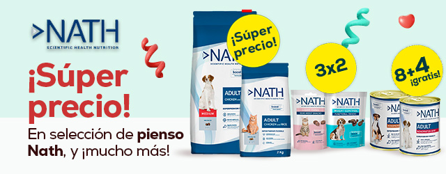 Nath: Súper Precios en selección de pienso para perro y gato; 3 x 2 en selección de snacks y 8 + 4 gratis en packs de 12 unidades de comida húmeda
