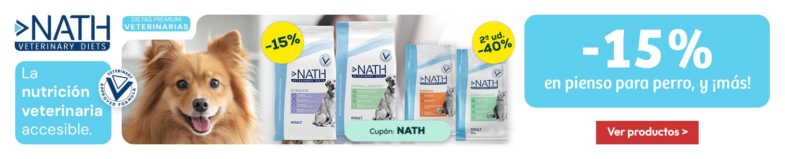 Nath Veterinary Diets: -15% en pienso para perro 12 kg, y -40% en la 2&ordf; unidad en pienso para gato 2 kg