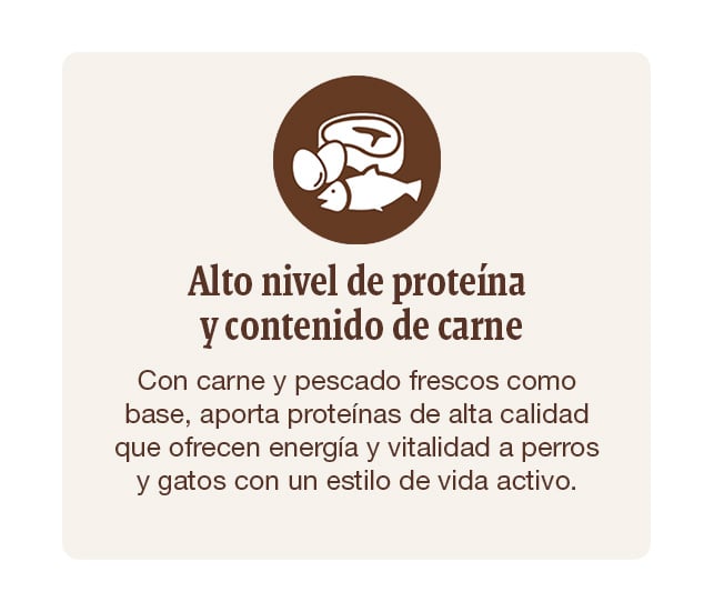 Alimentación con alto nivel de proteína que aporta energía y vitaminas a perros y gatos con un estilo de vida activo
