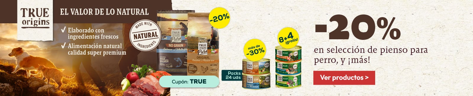 True Origins: -20% en selección de pienso para perro, hasta -33% en selección de packs de húmedo para perro 24 x 185 g.