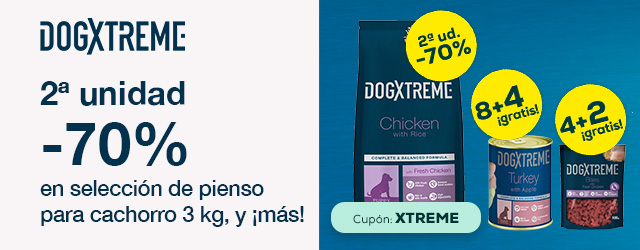 Dogxtreme: -70% en la 2ª unidad de selección de pienso para cachorro, 8 + 4 gratis en comida húmeda y 4 + 2 gratis en packs de snacks
