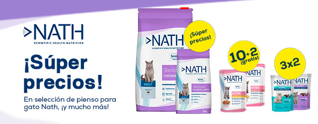 Nath: Súper precios em pienso para gato; 10 +2 gratis en packs de 12 uds. de comida húmeda; 3x2 en snacks