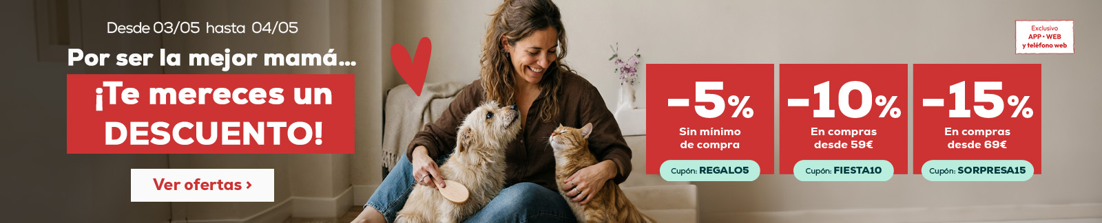 15% descuento en compras superiores a 69&euro; o 10% descuento en compras superiores a 59&euro; o 5% descuento sin m&iacute;nimo de compra