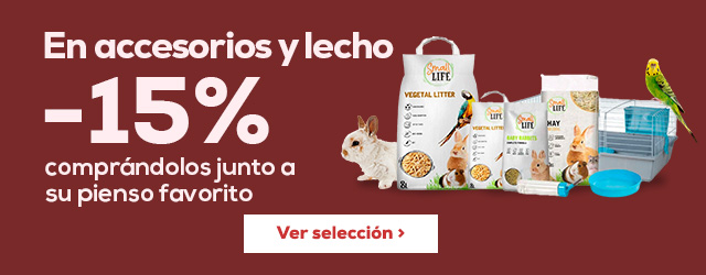-15% en selección de accesorios para pequeñas mascotas comprando junto con su comida favorita