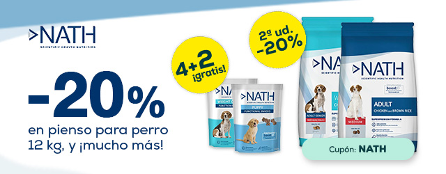 Nath: -20% en selección de pienso para perro y 4 + 2 gratis en packs de snacks