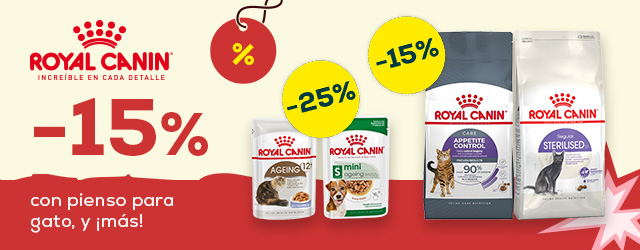 Royal Canin: -15% en selección de pienso para gato, -25% en selección de packs de comida húmeda para gato 48 uds, y -25% en selección de packs de comida húmeda para perro 24 x 85 o 140 g