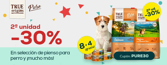 True Origins Pure: -30% en la 2ª unidad en pienso para perro; súper precios en pienso para gato; latas gratis con packs de comida húmeda de 12 unidades para perro y gato