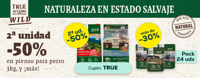 True Origins Wild: -50% en la 2ª unidad en pienso para perro 3 kg, y más de -30% en selección de packs de húmedo para perro 24 uds