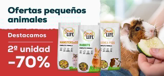 Small Life:  -70% en 2ª unidad  en comida para conejos y roedores, y  -50% en 2ª unidad en selección de barritas de fruta para conejos y roedores 2 uds.