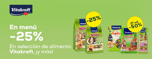 Vitakraft: -25% en selección de menú para conejos y cobayas; -50% en la 2ª unidad en selección de snacks