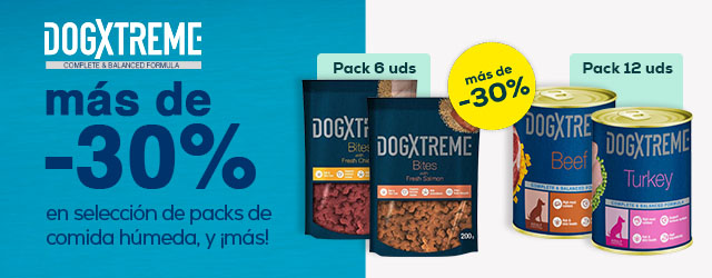 Dogxtreme: Más de -30% en selección de packs de comida húmeda 12uds, y más de 33% en selección de packs de snacks 6uds.