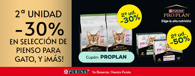 Pro Plan: -30% en la 2ª unidad en selección de pienso para gato, y -50% en la 2ª unidad en selección de packs de húmedo para gato 10 uds
