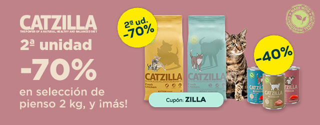 Catzilla:  -70% en la 2ª unidad en pienso 2 kg, -40% en selección de packs de húmedo