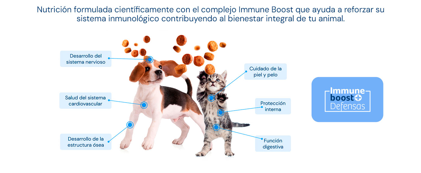 Nutrición formulada con el complejo Immune Boost que refuerza el sistema inmunológico de tu perro o gato.