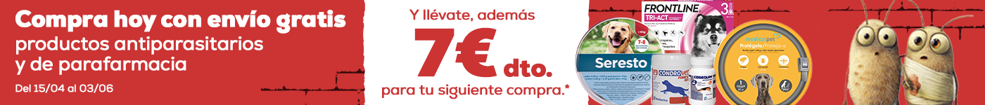 Compra hoy con envío gratis productos antiparasitarios y de parafarmacia del 08/04 al 03/06 y llévate, además 7€ dto. para tu siguiente compra