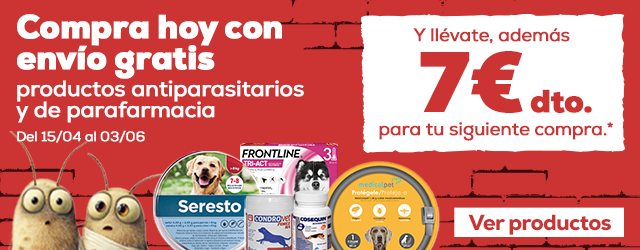 Compra hoy con envío gratis productos antiparasitarios y de parafarmacia del 08/04 al 03/06 y llévate, además 7€ dto. para tu siguiente compra