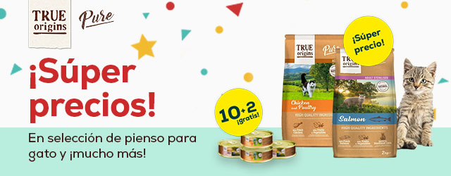 True Origins Pure: -30% en la 2ª unidad en pienso para perro; súper precios en pienso para gato; latas gratis con packs de comida húmeda de 12 unidades para perro y gato