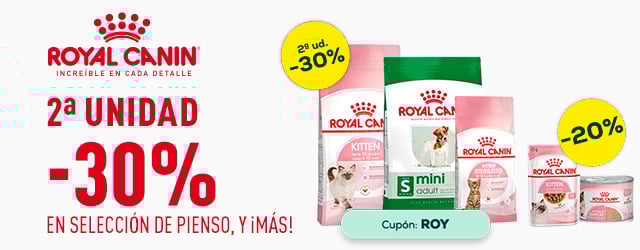 Royal Canin: -30% en la 2ª unidad en selección de pienso, y -20% en selección de packs de húmedo para gato 24 uds