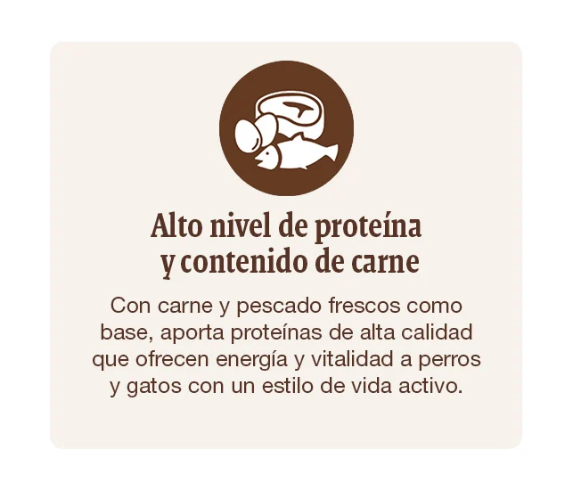 Alimentación con alto nivel de proteína que aporta energía y vitaminas a perros y gatos con un estilo de vida activo