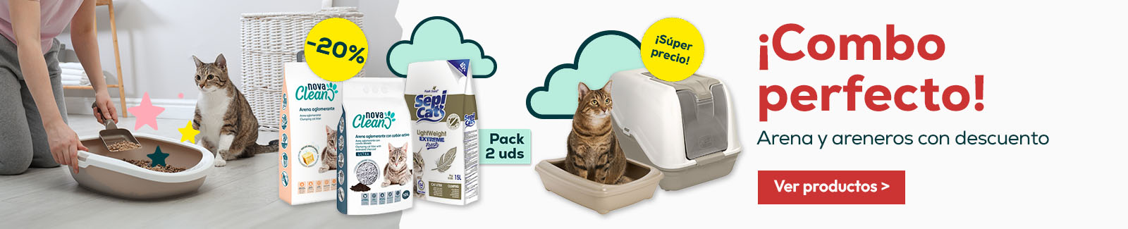 Combo perfecto: -20% en packs de arenas y s&uacute;per precio en selecci&oacute;n de arenero para gato
