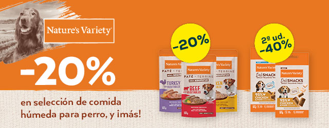 Nature's Variety: -20% en selección de pack de húmeda para perro 12 uds, y -40% en la 2ª unidad en selección de snacks para perro 50 g