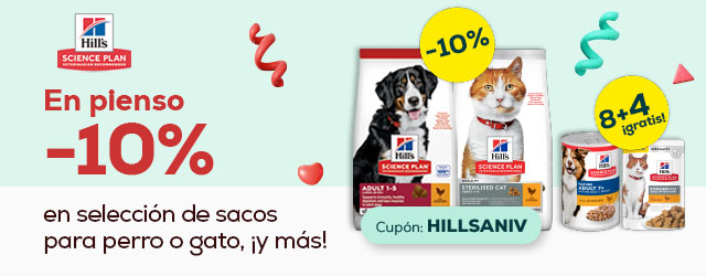Hill's Science Plan: 10% descuento en selección de pienso para perro y gato; 8 + 4 gratis en packs de comida húmeda 12 uds.