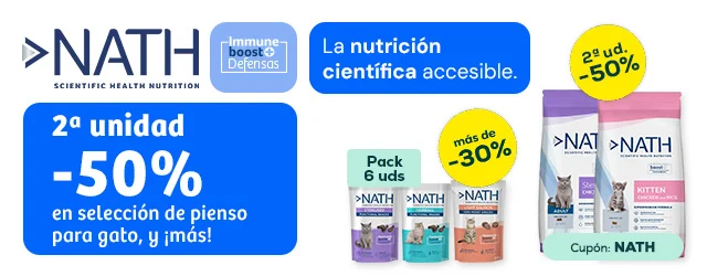Nath: -50% en la 2ª unidad en selección de pienso para gato, y -33% en selección de packs de snacks para gato 6 x 50g