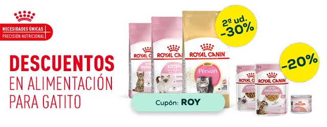 Royal Canin: 30% descuento en la 2ª unidad de selección de pienso para gato, y -20% en selección de packs de húmedo para gato