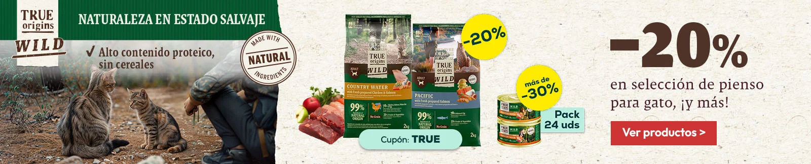 True Origins Wild: -20% en selecci&oacute;n de pienso para gato 6 kg, y m&aacute;s de -30% en selecci&oacute;n de packs de h&uacute;medo para gato 24 x 100g